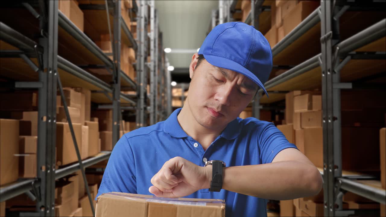 파란 유니폼을 입은 아시아 남성 택배기사가 창고에서 상자를 들고 있는 동안 시계에 시간을 확인합니다.