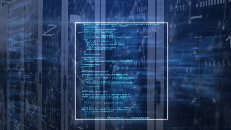 Digital Data Processing and Programming Code Over Server Rack Background