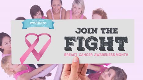 Animation-of-pink-ribbon-logo-and-breast-cancer-text-over-group-of-diverse-group-of-women