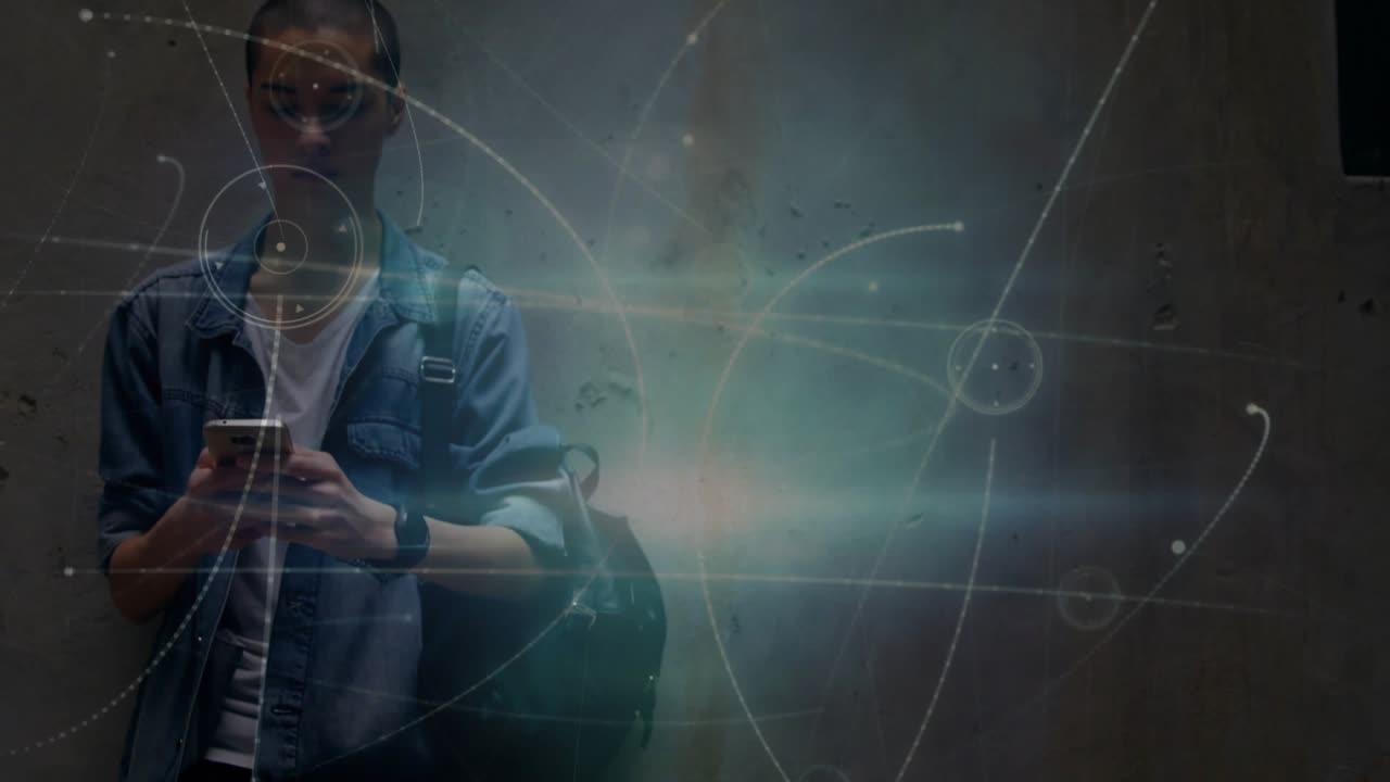 Man commuter leaning on concrete wall scrolling phone and sparking tech overlays crossing profile