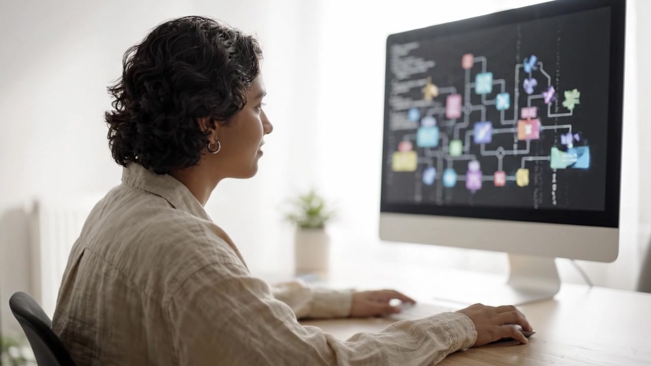 A focused individual works on programming and software design while utilizing modern technology to enhance productivity and visual representation of ideas.