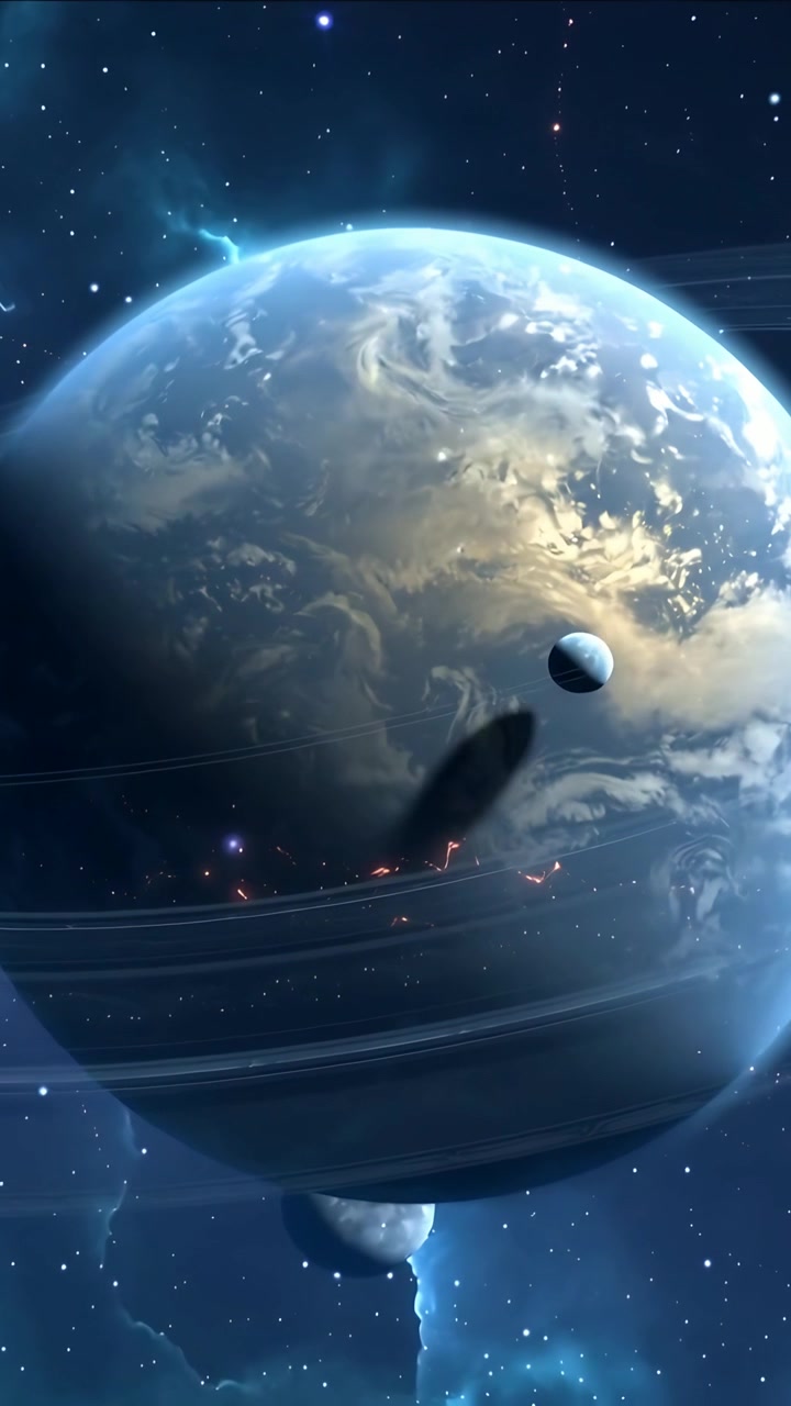 Vertical video: Orbiting moon casting long shadow across ringed planet in space, showing ring glow
