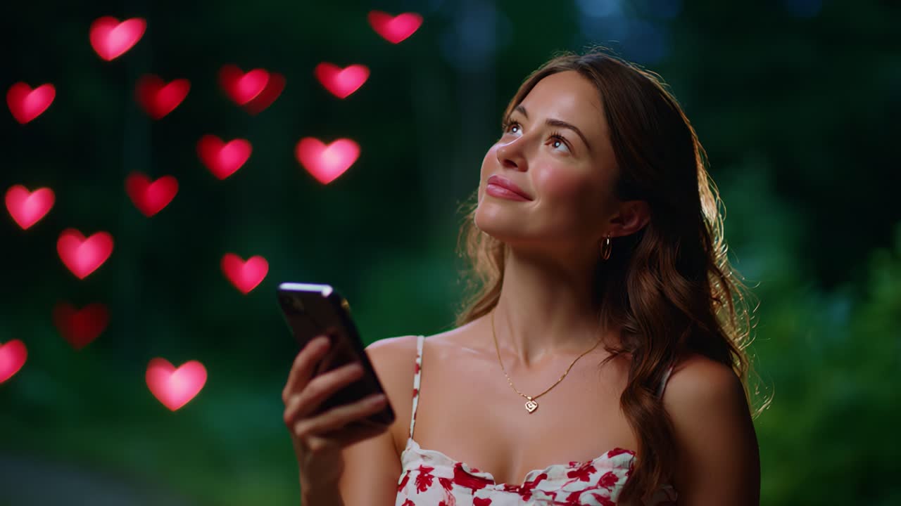A young woman gazes thoughtfully at her smartphone, surrounded by a dreamy atmosphere of floating heart shapes, evoking feelings of love, connection, and digital romance in a tranquil outdoor setting