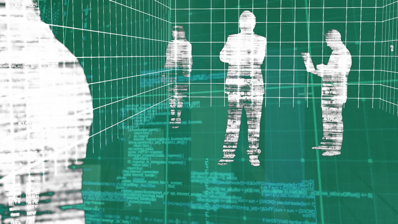 디지털 데이터 처리 및 디지털 인터페이스 및 그리드의 애니메이션이 파란색 배경 위에 있습니다.