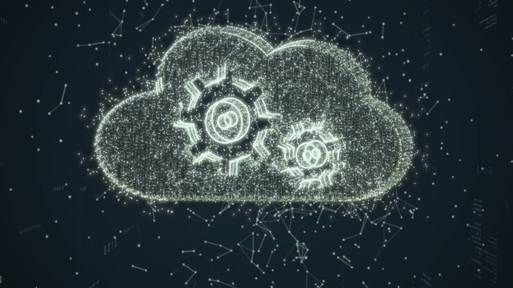 Animation of digital data processing over cloud with cogs