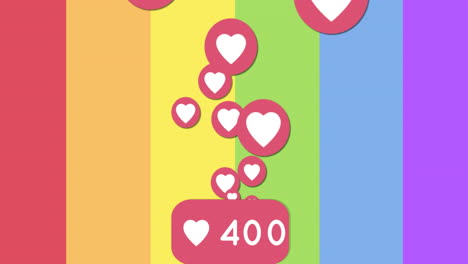 animation of media icons with hearts on rainbow background
