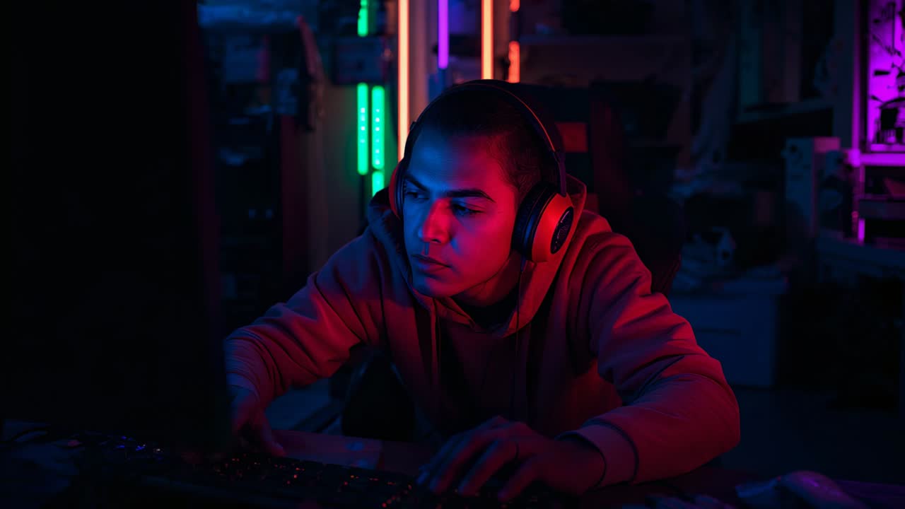 Entering office, man in red hoodie donning headphones and typing on backlit keyboard under LEDs