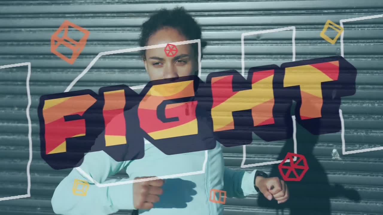 lucha texto y formas abstractas moviéndose contra mujer afroamericana realizando ejercicio de estiramiento