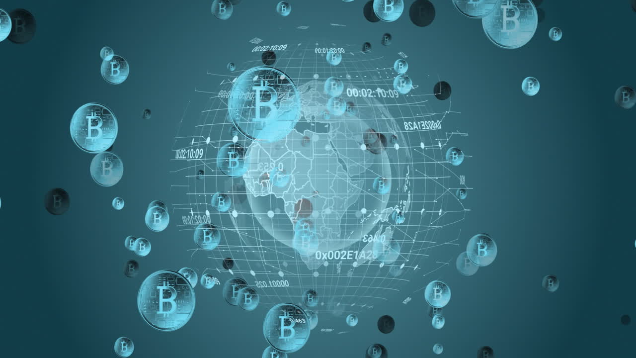 3D-rendered translucent globe with grid network rotating, showing floating Bitcoin token spheres