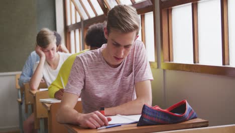 caucasian boy reading in class