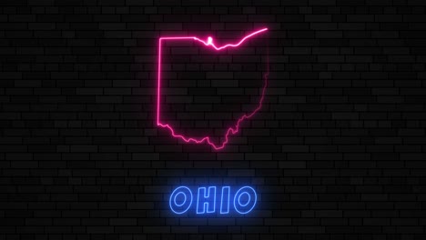 state of ohio map silhouette with neon line on a dark brick wall background