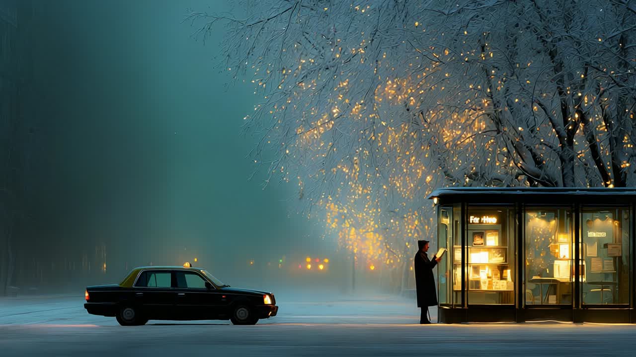 A serene winter scene captures a lone figure at a bus stop next to a vintage taxi, surrounded by frosty trees adorned with sparkling lights, all enveloped in a tranquil snowfall under a muted blue sky