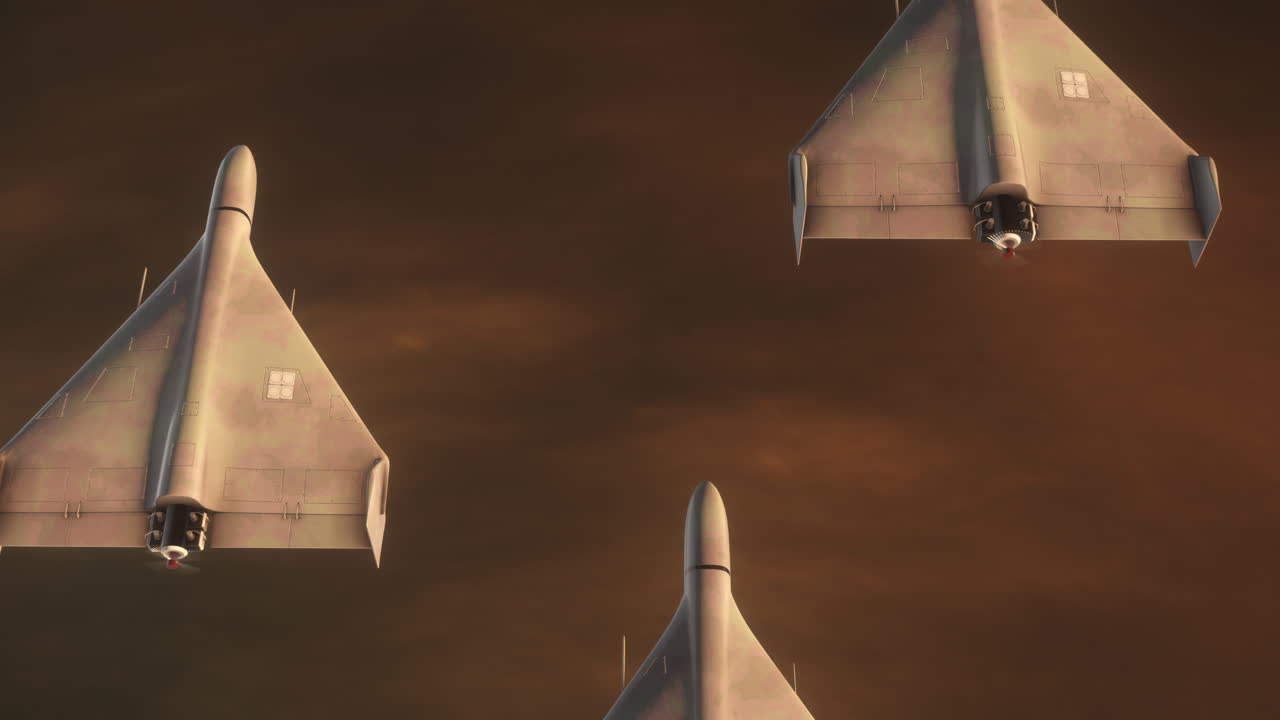 Rising Shot Above Sunset Clouds of Trio of Shahed 136 Kamikaze Drones Flying Above Clouds. Close-up detailed 3d animation. UAV Unmanned Aerial Vehicle. Modern Technology Warfare in the Air
