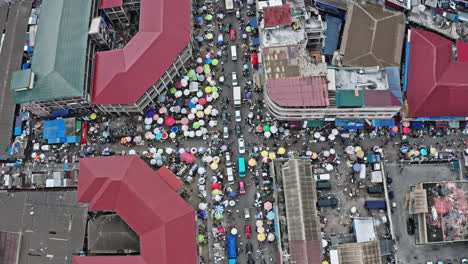 accra, the ghana, aerial drone shot of a big market in the centre of accra