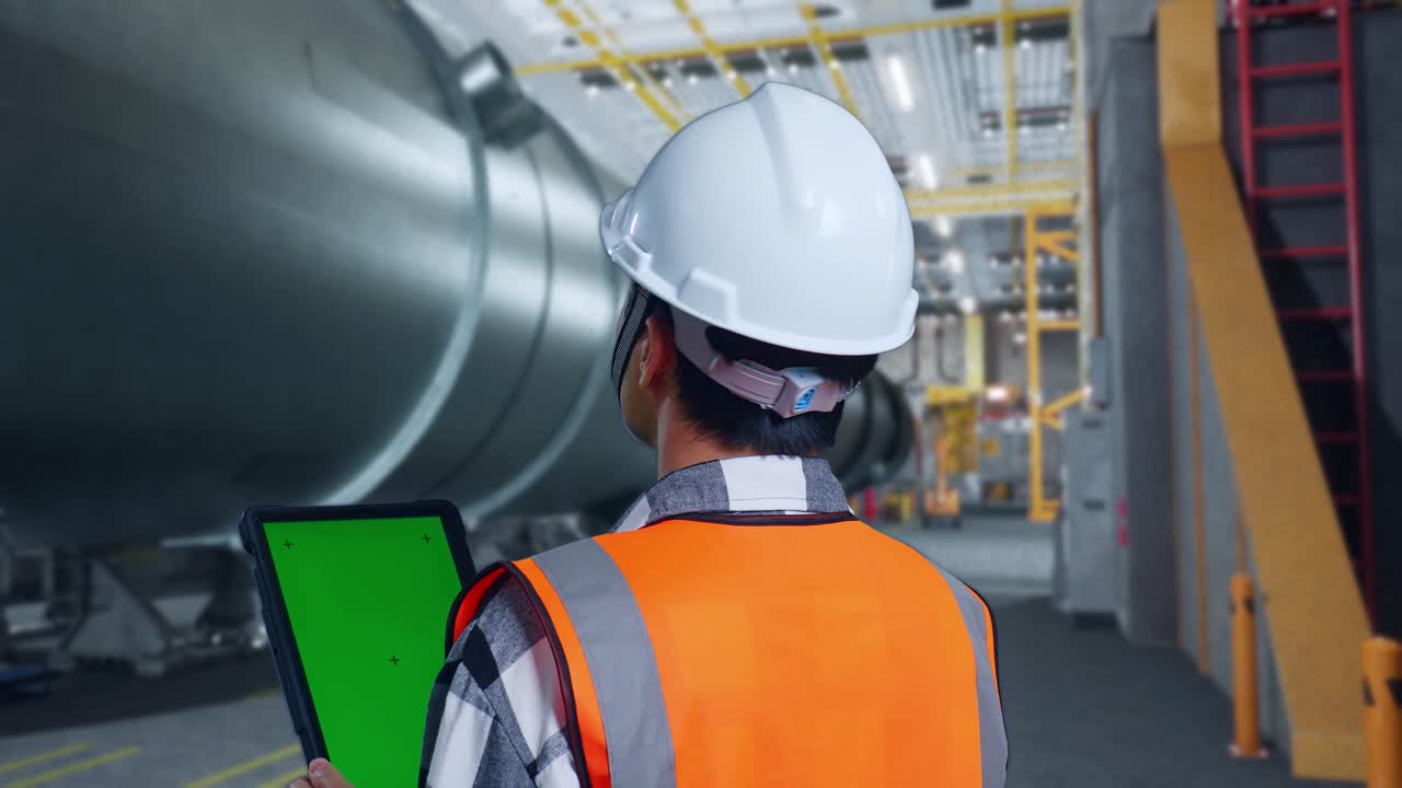 안전 헬을 입은 아시아 남성 엔지니어가 파이프 제조 공장에서 서있는 가까운 뒷면.