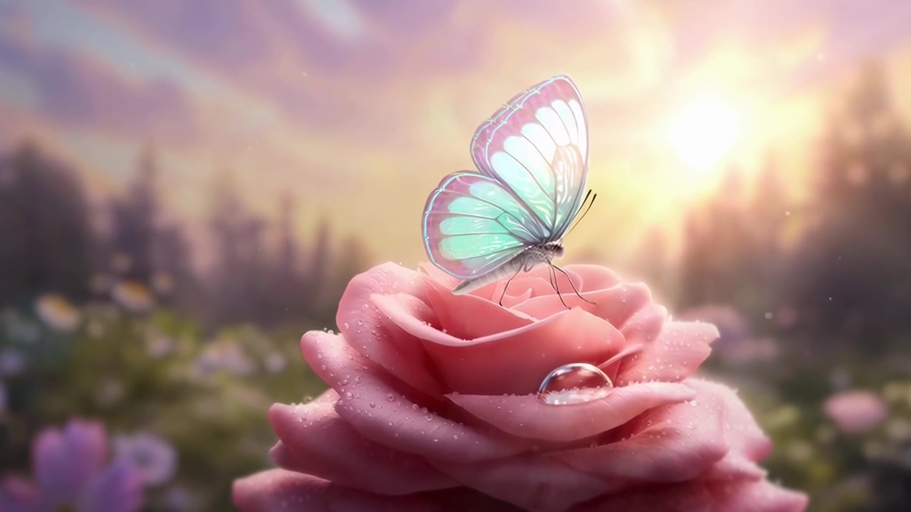 Una delicata farfalla posata su una rosa rosa al tramonto
