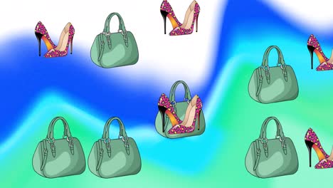Animation-of-falling-shoes-and-bags-over-blue-background