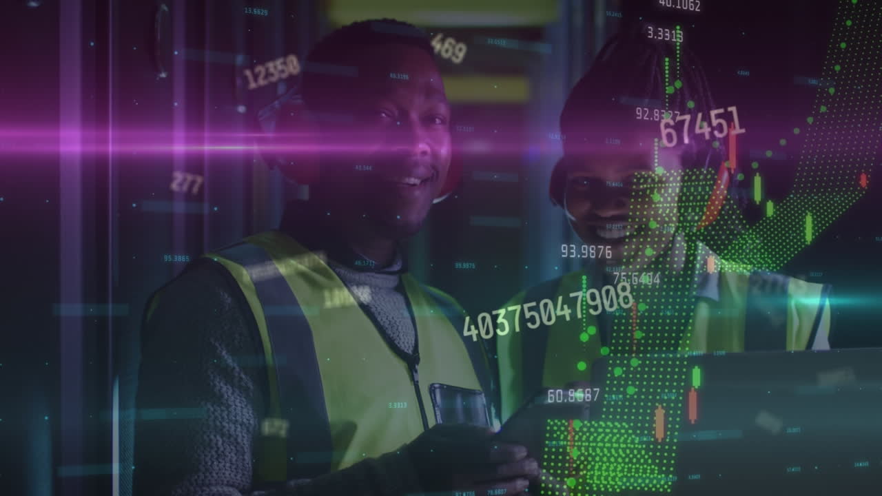 Animation of data processing over diverse it people using laptop by computer servers