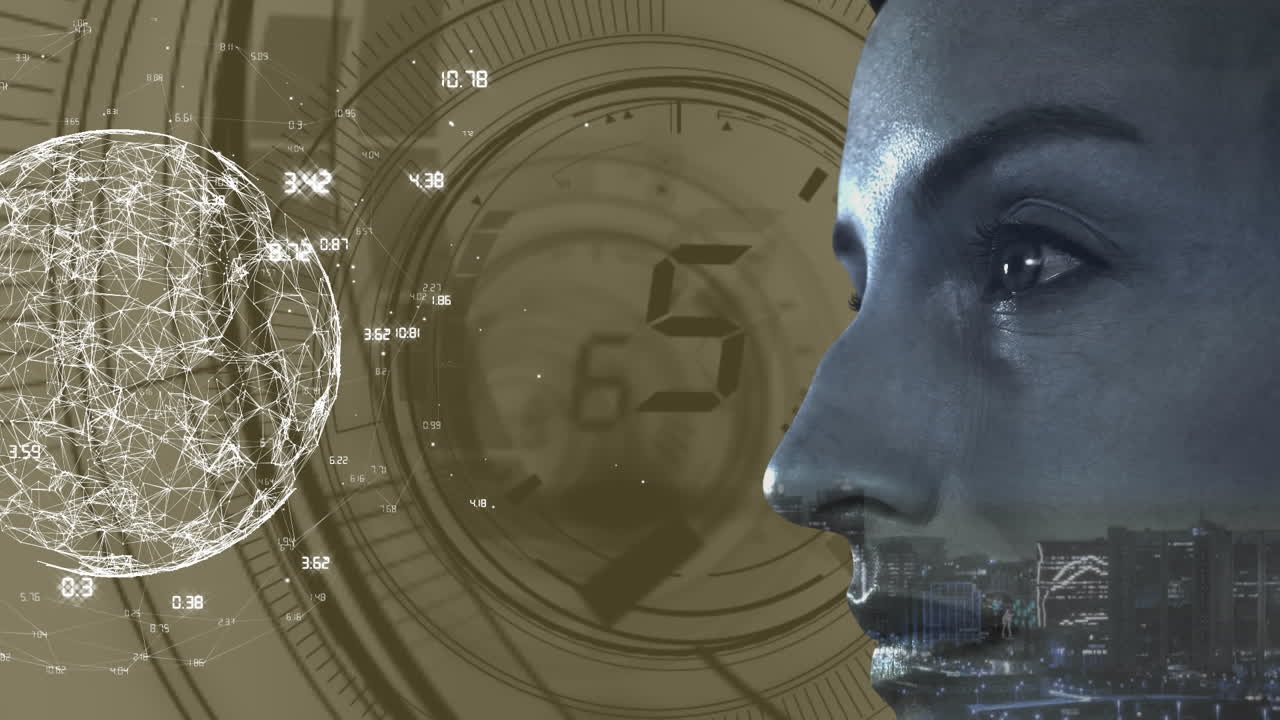 animación del globo con red de conexión sobre el rostro de la mujer