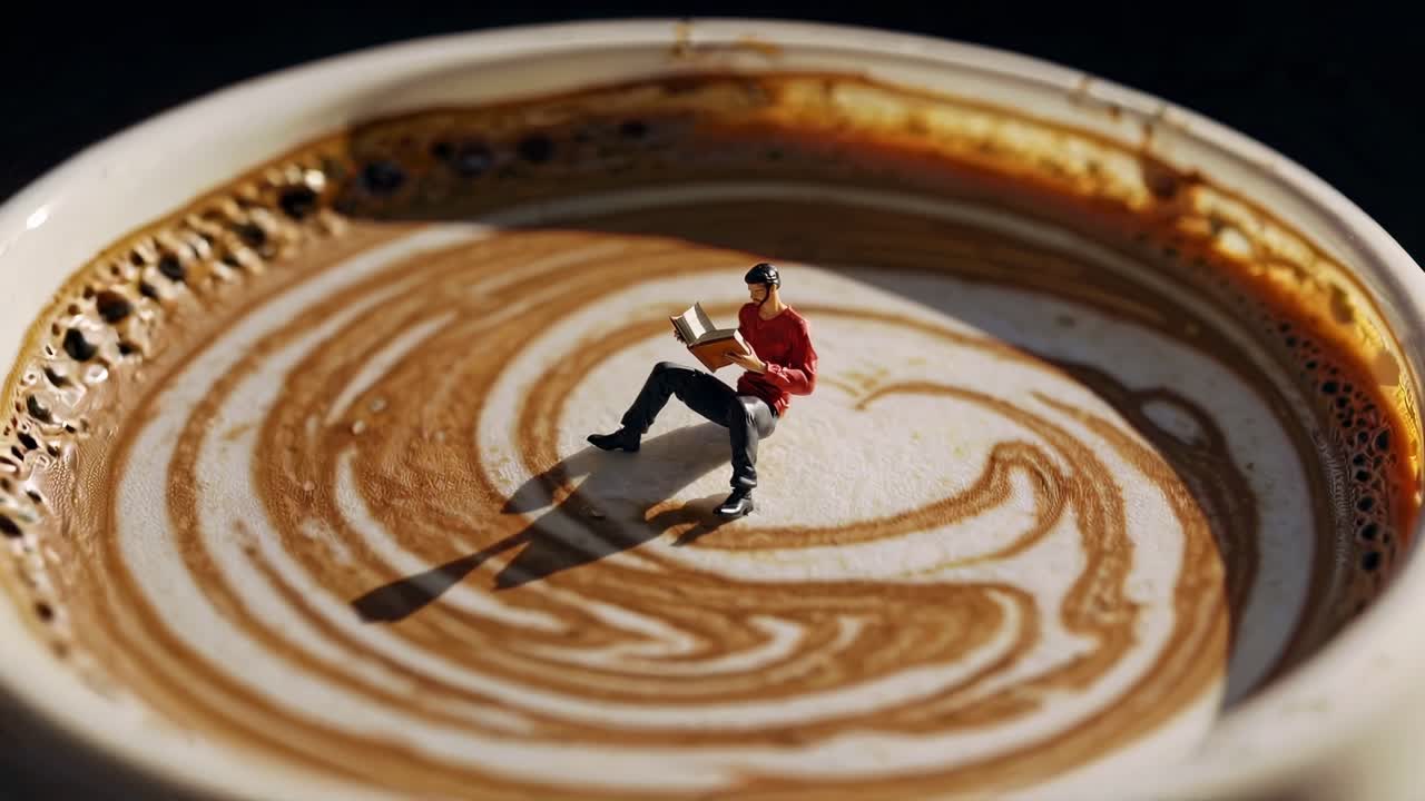 복잡한 테 아트 스 안에 작은 인간 독서 책, 평화로운 소형 세계에 몰입, 커피 컵의 창의적인 디자인과 섬세한 거품 풍경에 혀