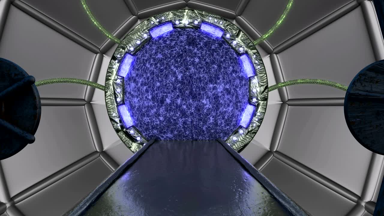 la escotilla oxidada de hierro abre una vista panorámica a la escena del paisaje de la nave espacial. fondo abstracto 3d de corredor de ciencia ficción con portal. tecnología futurista abstracto vj para títulos tecnológicos y fondo.
