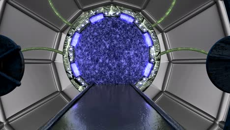 la escotilla oxidada de hierro abre una vista panorámica a la escena del paisaje de la nave espacial. fondo abstracto 3d de corredor de ciencia ficción con portal. tecnología futurista abstracto vj para títulos tecnológicos y fondo.
