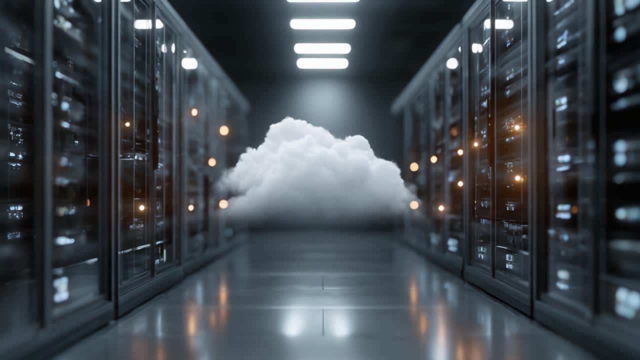 A Cloud Surrounded by Data Storage Systems in a Modern Server Room, Showcasing the Interplay Between Virtual and Physical Computing Environments