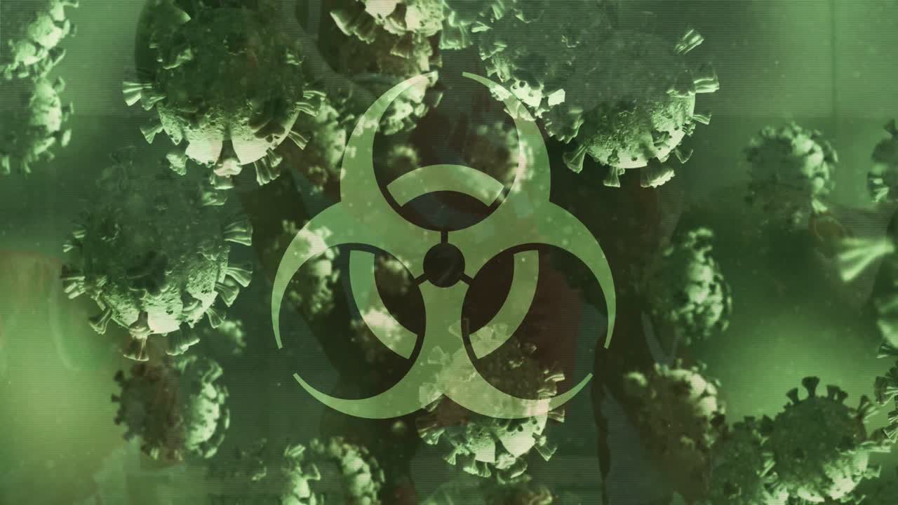 animación de células de virus flotantes y símbolo de riesgo biológico sobre un grupo de jugadores de fútbol