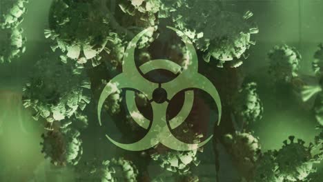 animación de células de virus flotantes y símbolo de riesgo biológico sobre un grupo de jugadores de fútbol