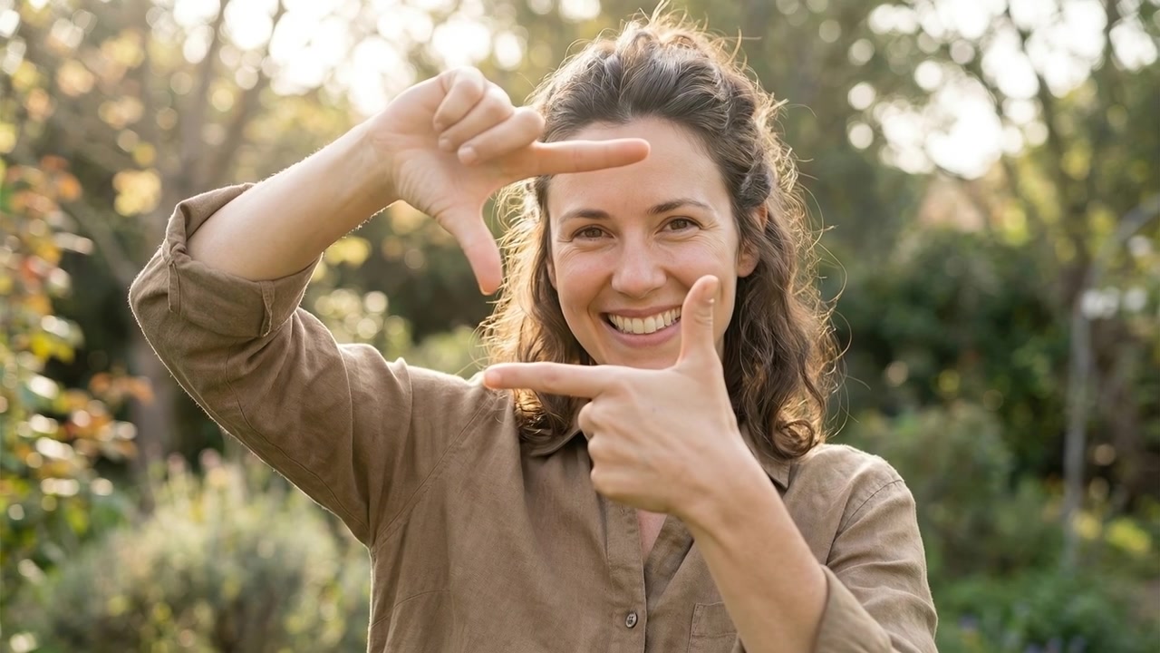 Jovem mulher sorridente emoldurando sua vista com as mãos em um exuberante jardim verde.