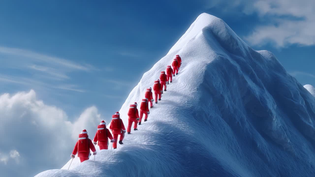 A group of climbers dressed in bright red winter attire ascends a snowy mountain peak, showcasing a striking contrast against the brilliant blue sky and white snow, creating a whimsical winter scene