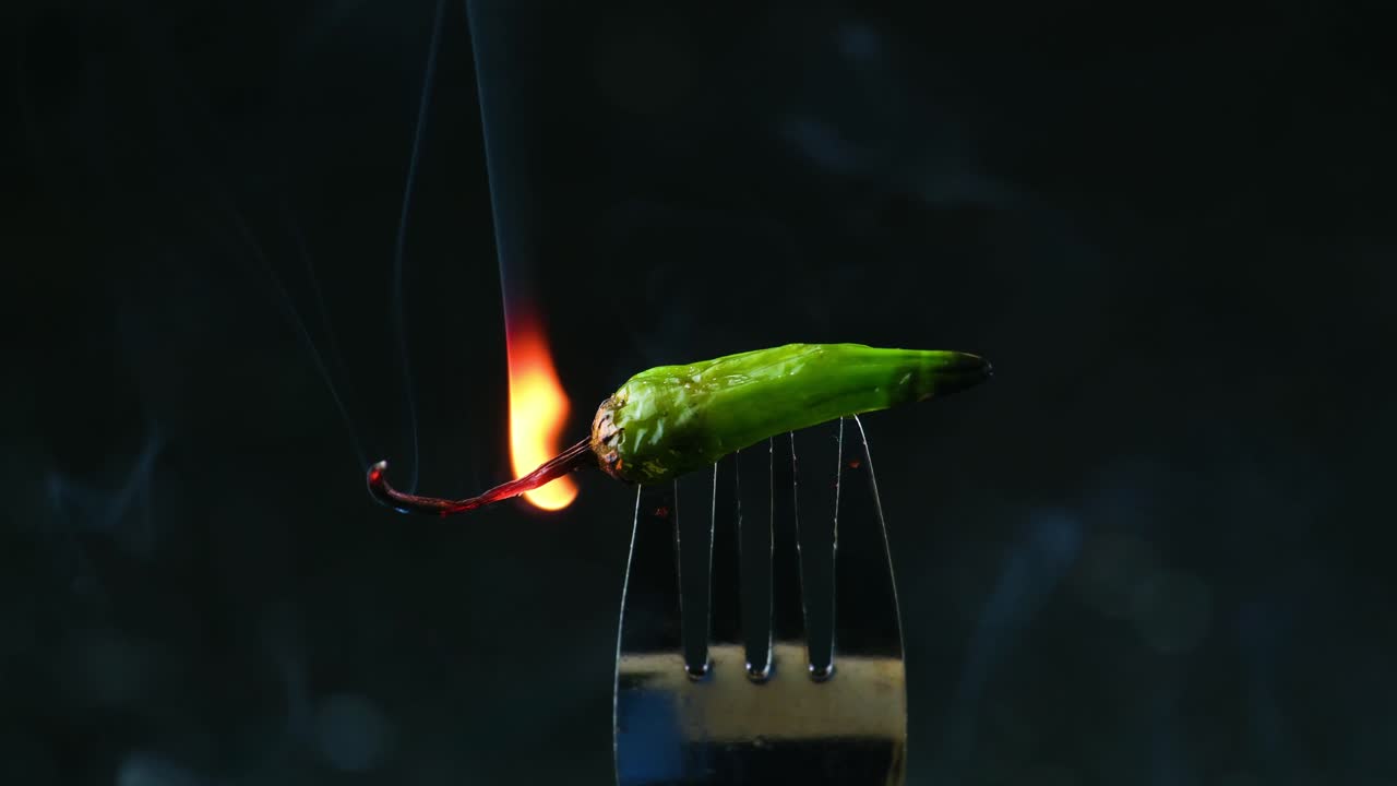 chile verde en el tenedor ardiendo en el fuego contra un fondo negro