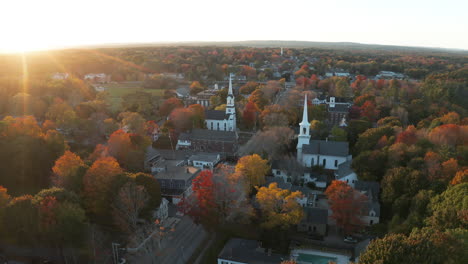 drone fly over footage at sunset over churches at yarmouth, maine, usa