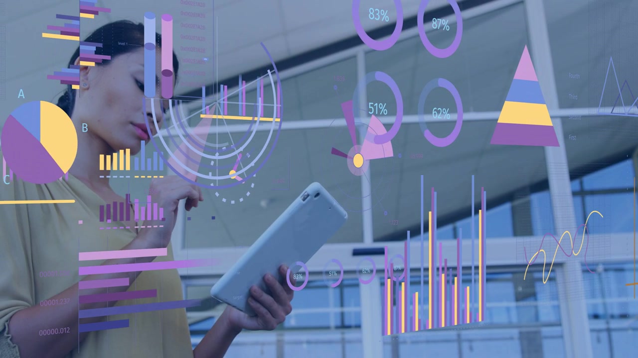 Businesswoman standing left holding tablet, tapping screen and animating charts, analyzing data