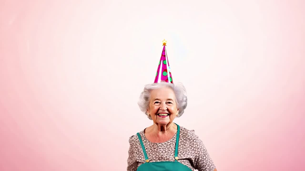 Donna anziana felice che indossa un cappello di compleanno