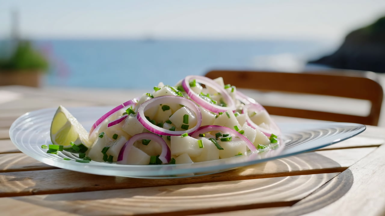Fresh Ceviche Plate On Wooden Table, Lime Wedge And Red Onion Rings Tossed With Chives On Clear Glass Plate,