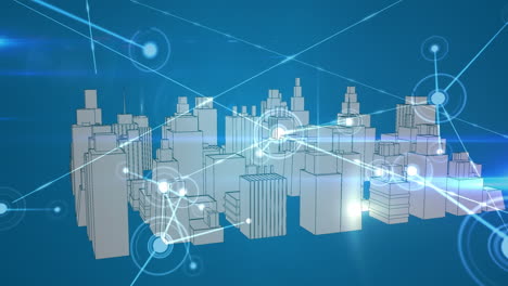 animación de la red de conexiones sobre la ciudad digital sobre fondo azul