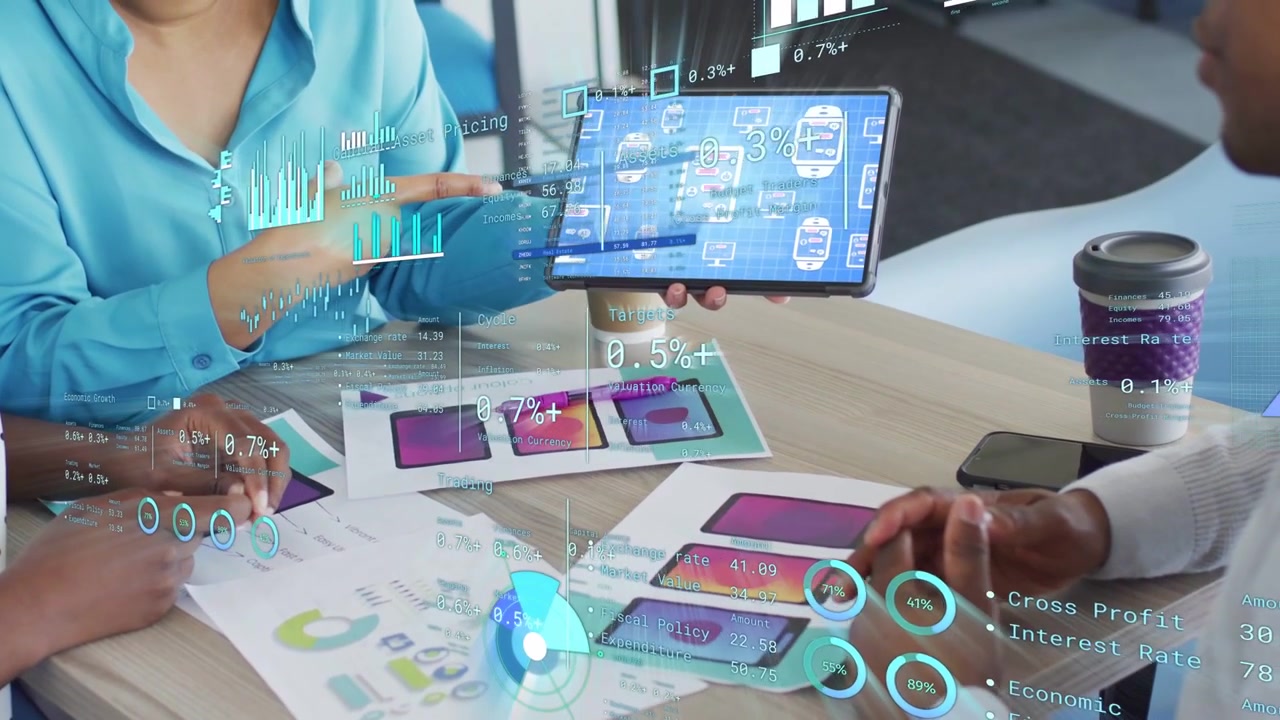 Woman presenting with tablet and pointing, initiating analytics overlay and guiding product review