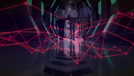 Walking in futuristic corridor, people under animation of red network connections