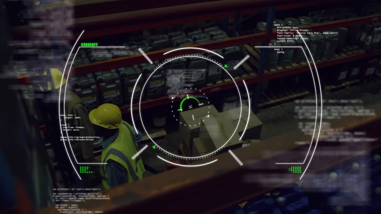 Stack of cardboard boxes sitting in logistics warehouse aisle, showing holographic HUD and code