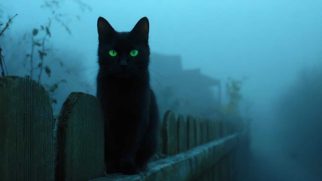 A Mysterious Black Cat with Striking Green Eyes Appears in the Foggy Atmosphere, Strolling Along a Wooden Fence Under the Veil of Early Morning Mist
