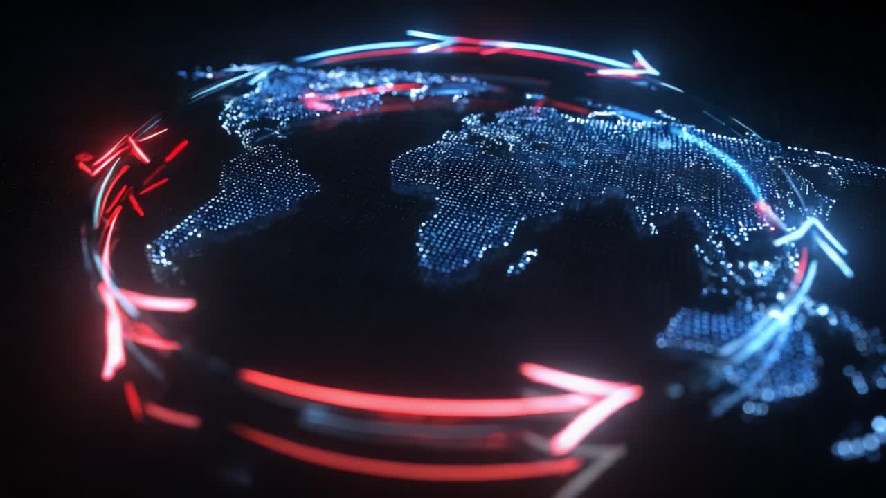 Futuristic digital earth animation with glowing red and blue arrows representing global data streams, international business transactions, and worldwide network connectivity over a dark background
