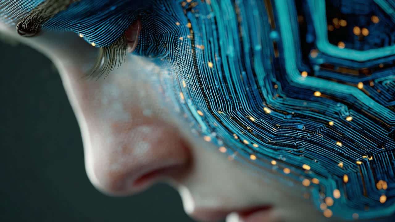 A Close-Up Exploration of Futuristic Cyborg Features, Showcasing Intricate Circuit Patterns Merging with Human Facial Characteristics in a Thought-Provoking Visual Representation