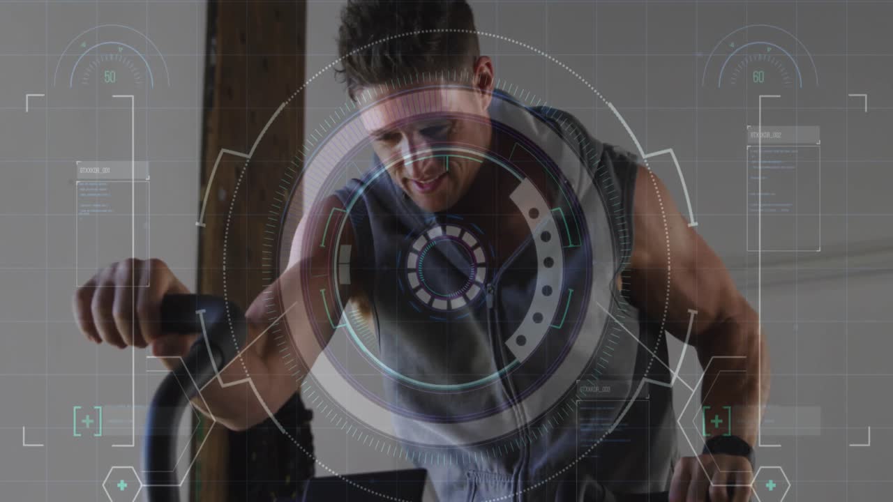 animación de escaneo de alcance sobre hombre caucásico corriendo en el gimnasio