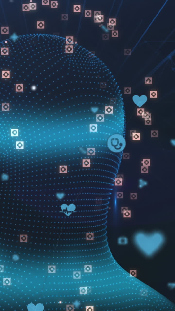 animación de iconos digitales de cabeza y médicos sobre fondo negro