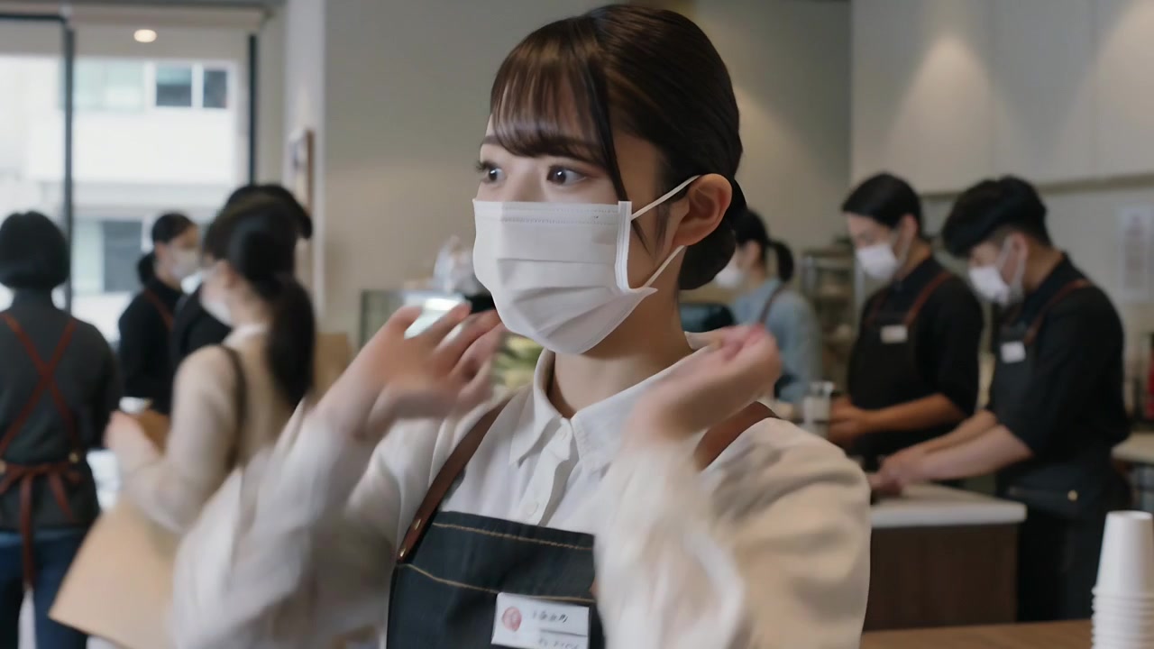マスクを着用したバリスタが列を確認し、カフェカウンターへ向かい、エプロン姿でPOSシステムを使って注文を受けている。