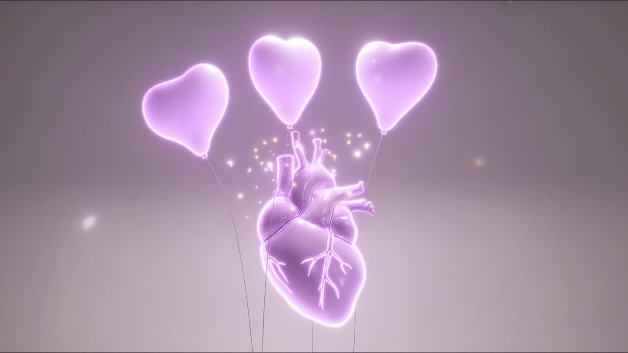 A whimsical display of a glowing heart, buoyantly lifting three floating heart-shaped balloons, representing the interplay between love, emotion, and the spirit of celebration