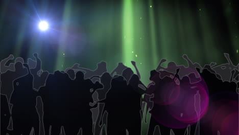 animación digital de luces brillantes verdes y púrpuras sobre la silueta de personas bailando