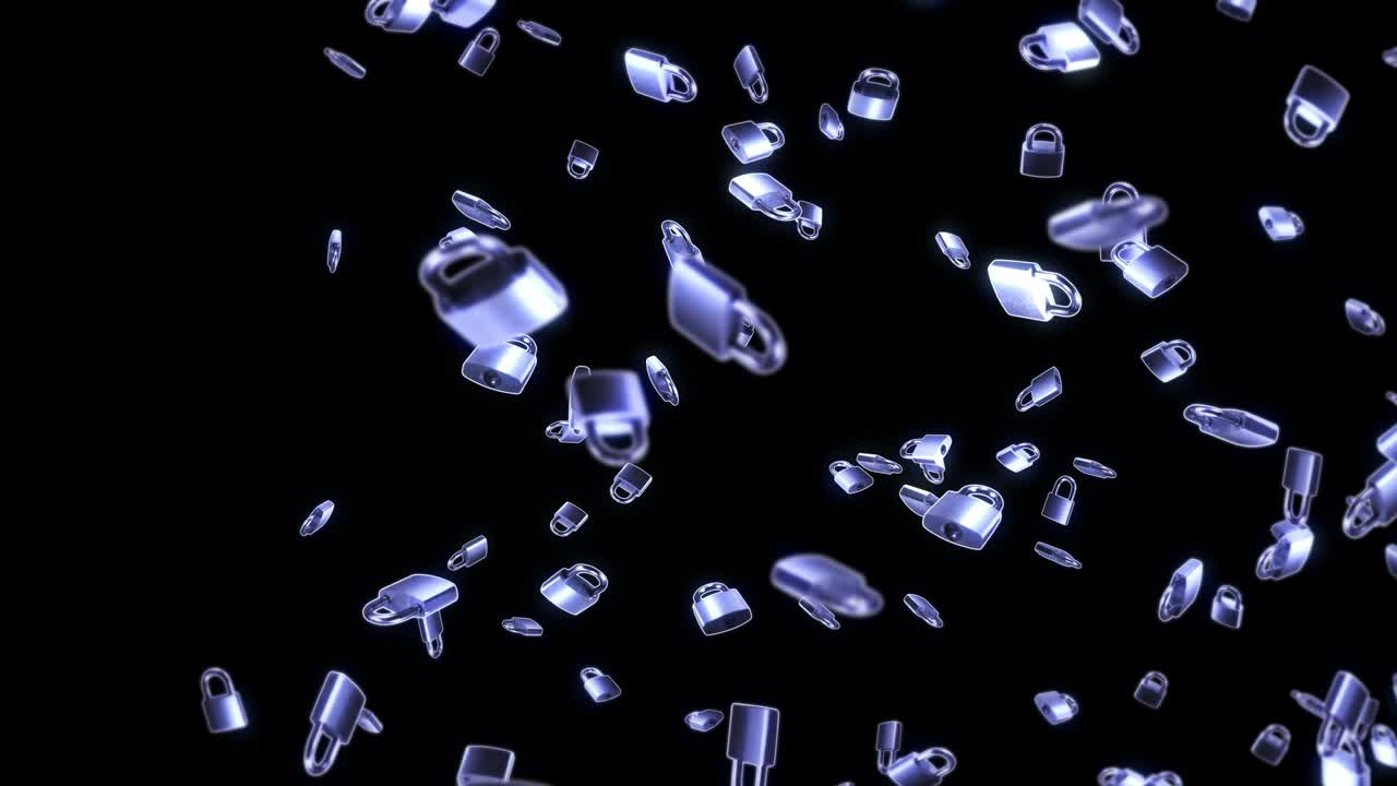 много серебряных замков на черном фоне. концепция безопасности или секретной защиты. 3d-анимация вращающихся замков. циклная анимация.