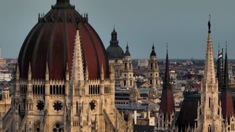 dome of the hungarian parliament building in budapest, hungary, europe. aerial close-up shot